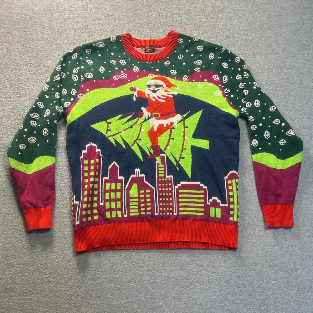 JAP Christmas‎ Ugly Christmas Sweater Mens L Santa Cityscape Crew Neck Pullover